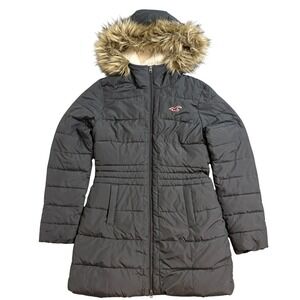 Hollister Womens Longline Puffer Jacket Gray Sherpa Hood Faux Fur Trim Medium